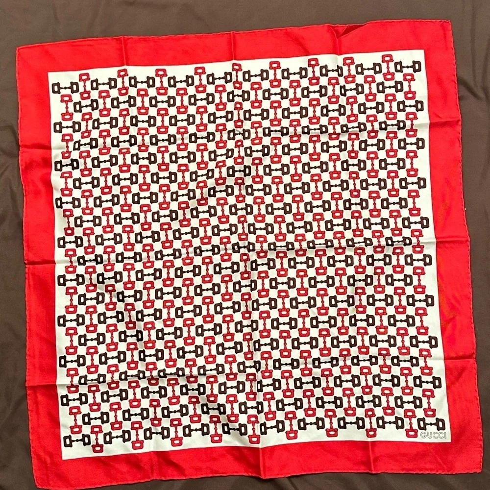 COPY - Gucci Large Scarf horsebit pattern Red Beige 60x60cm Silk Vintage
